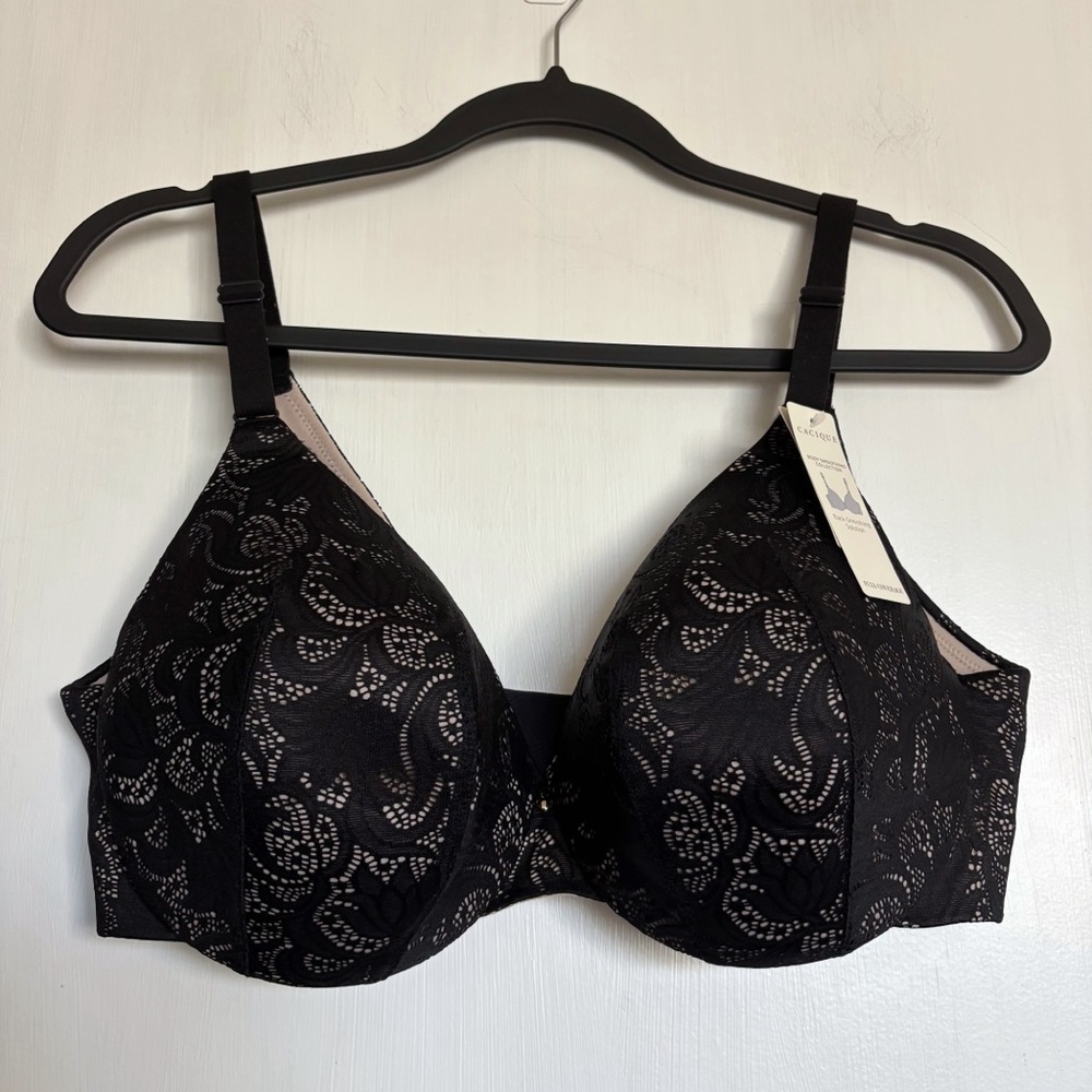 Cacique Backsmoother Lightly Lined Full Coverage Bra Size 38D Black Lace NEW